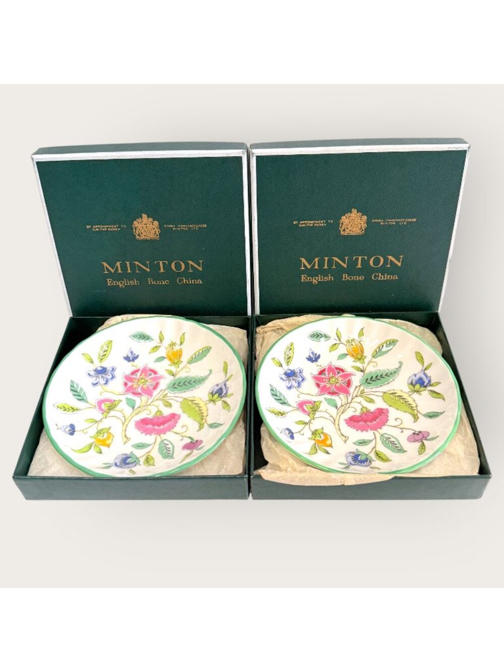 Minton English Bone China Set of 2 Haddon Hall Jam Dish Floral Plates Boxed